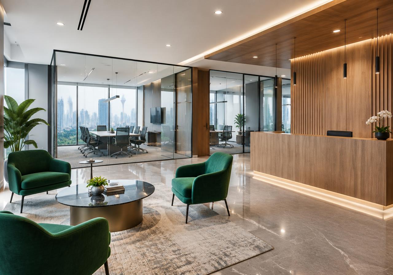 Office fit-out with oak reception and glass meeting rooms